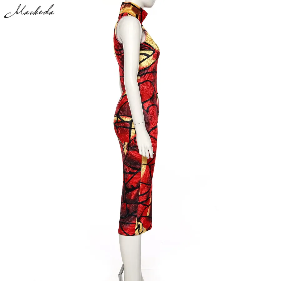 Macheda, Сексуальное Лоскутное цветное креативное платье с геометрическим принтом, без рукавов, водолазка, велюровое платье, женские осенние винтажные платья миди