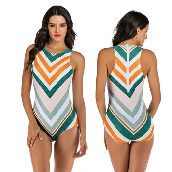 

Swimwear Women One Piece Large Size Swiming Suit 2019 One-Piece For Swimsuit Full Surf Sleeveless Striped Polyester Sierra