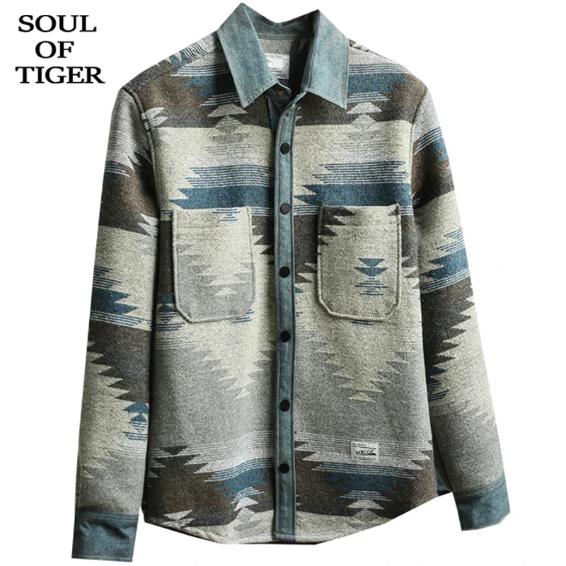 SOUL OF TIGER, английский стиль, мужские модные рубашки с принтом и длинным рукавом, мужские винтажные Теплые Топы, зимняя тонкая хлопковая одежда размера плюс