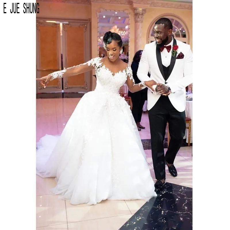 

E JUE SHUNG South African Wedding Dresses Long Sleeves Sheer O Neck Lace Appliques Button Back Wedding Gowns Bridal Dresses