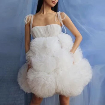 

2020 Elegant White Spaghetti Strap Tulle Prom Gown Puffy Ruffle Tutu Party Dress Formal Dresses for Women Custom Made