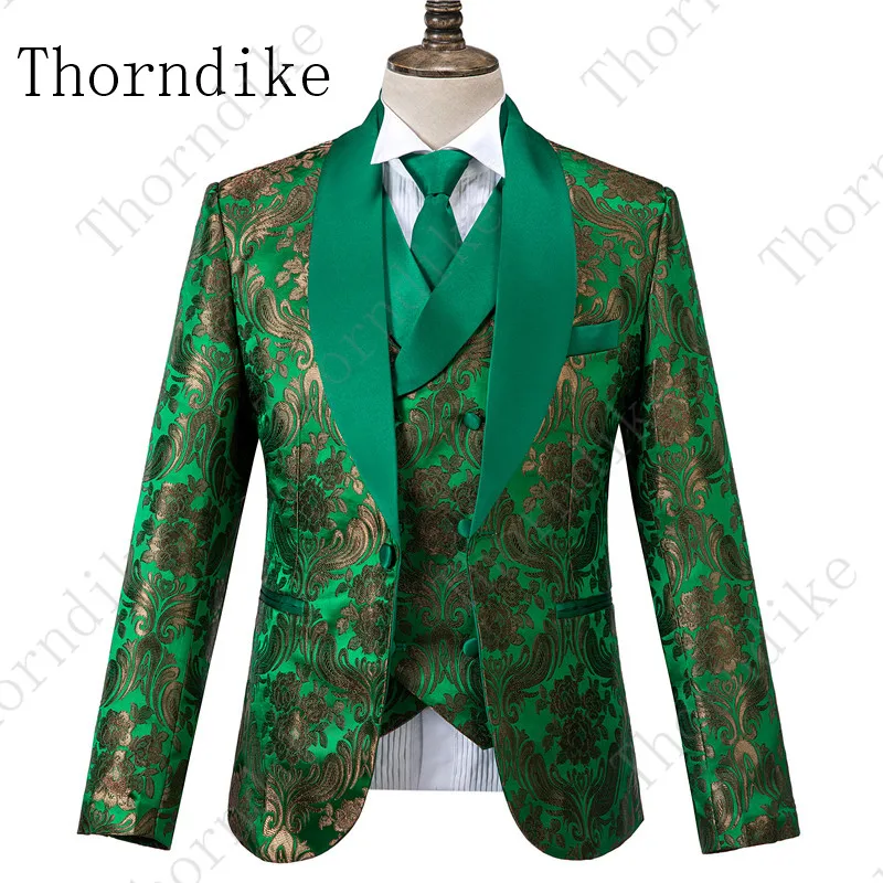 Thorndike Свадебный костюм для мужчин последний дизайн в обтяжку мужские Цветочные костюмы с принтом Европейский стиль зеленый Свадебный костюм элегантное платье 3 шт