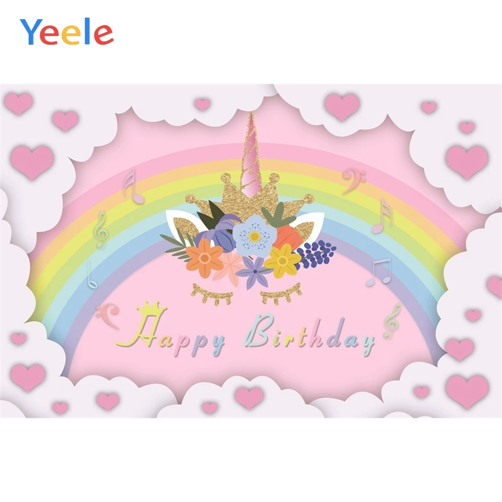 

Lovely Unicorn Rain Bow Heart Flower Baby Shower Birthday Backdrop Photography Custom Photographic Background For Photo Studio