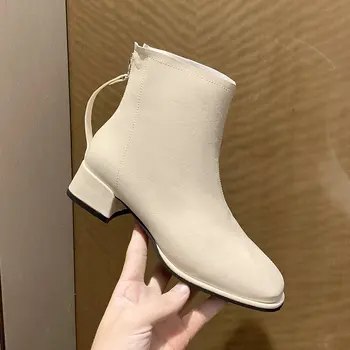 

Beige Winter Boots Lady Shoes Zipper Luxury Designer Mid-Calf Booties Women Low Heels booties Round Toe 2020 Fashion Short