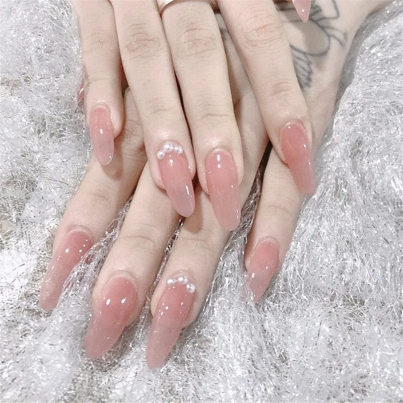 24PCS fake nails with glue nude pink Jelly pearl stiletto Acrylic nail tips Manicure patch removable False TY | Красота и здоровье