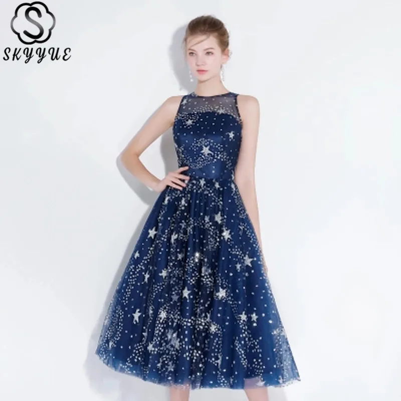 

Skyyue Prom Dress Sleeveless O-Neck Contrast Color Dresses Women Party Night Sequined Elegant A-Line Prom Dresses 2019 LX1106