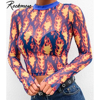 

Rockmore Fire Flame Print Mesh Crop Top Long Sleeve Transparent Women Shirts Basic Tshirt Streetwear Panelled Bodycon T-shirt