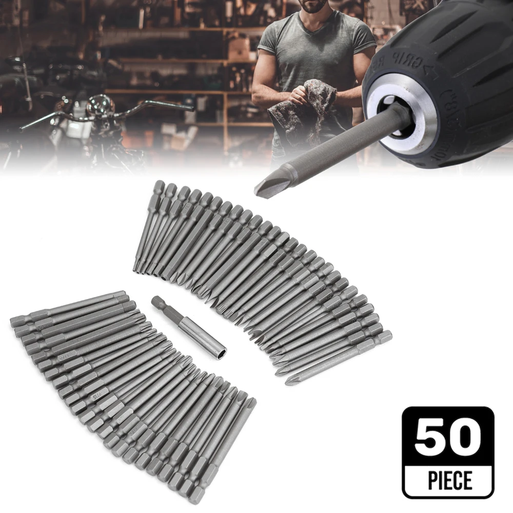 

Hot New 50pcs 1/4" 75mm Chrome Vanadium Steel Extra Long Reach Bit Set Screwdriver Bits Kit