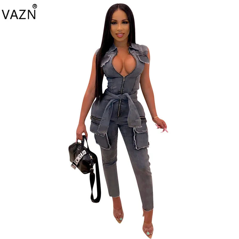 

VAZN ME314 new product 2019 summer sexy lady 2colors sleeveless V-neck jumpsuit sexy lady streetwear zipper fly sashes jumpsuit