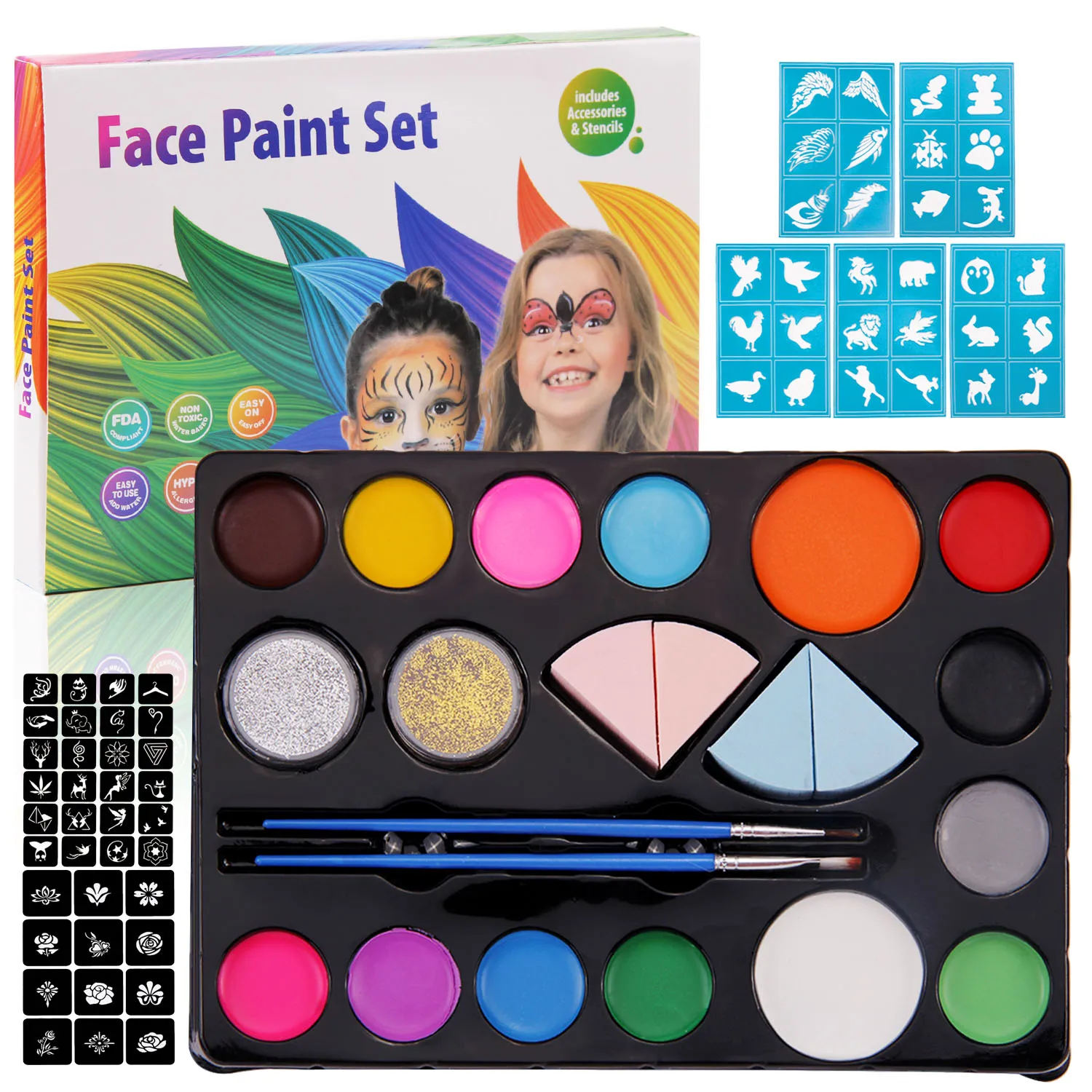 

Behogar Safe Body Face Painting Paint Kit Include 14 Colors 2 Glitters 2 Brushes 4 Sponges 9 Stencils for Halloween CosplayParty