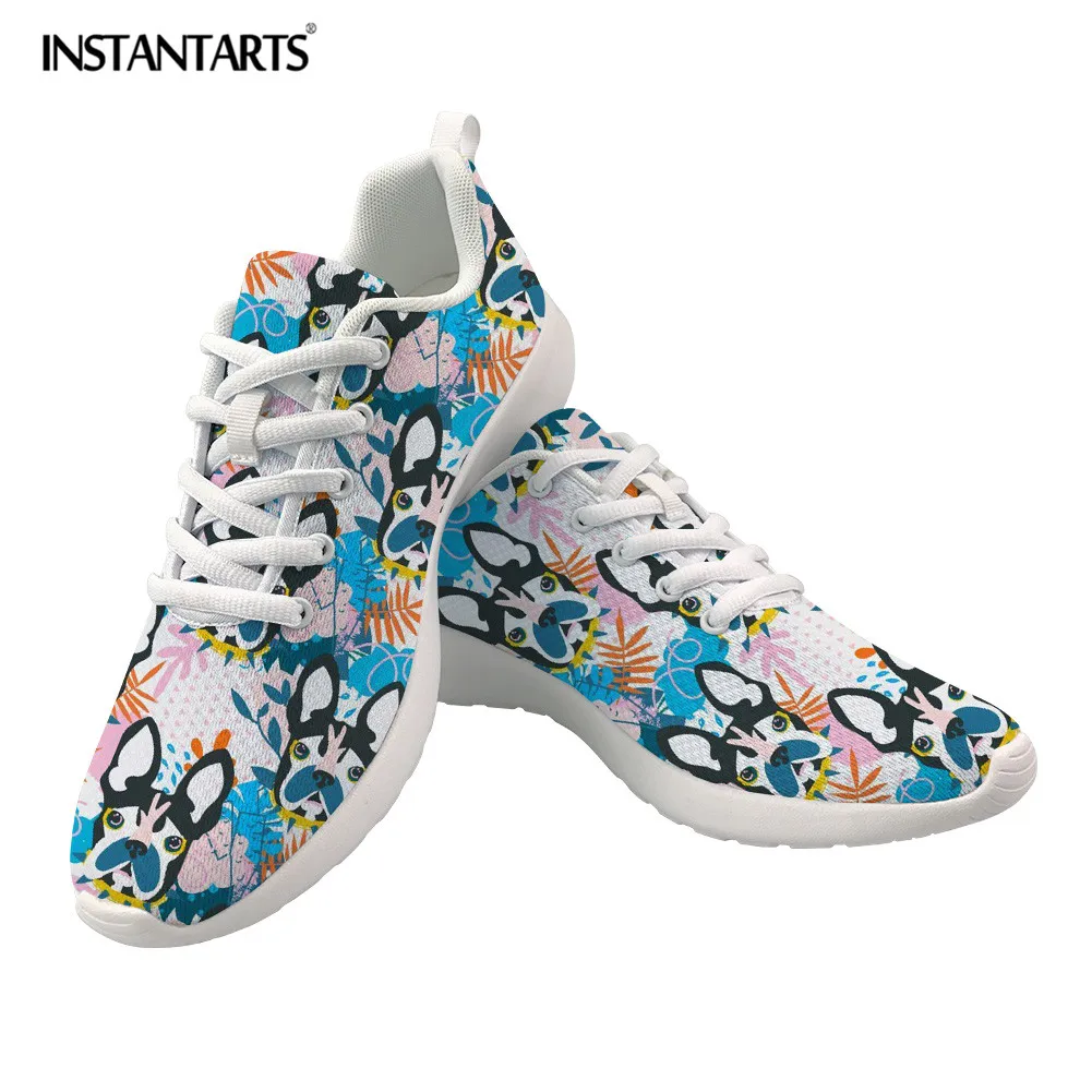 

INSTANTARTS Cute Bulldog Printing Women Flats Light Mesh Spring Sneakers Casual Breathable Lace Up Vulcanized Shoes for Ladies