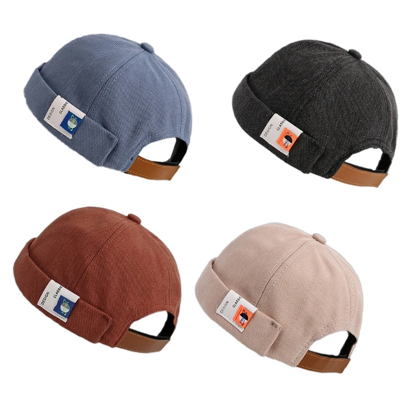 

Retro Solid Color Beanie Docker Cap Rolled Cuff Brimless Label Hip Hop Skull Hat