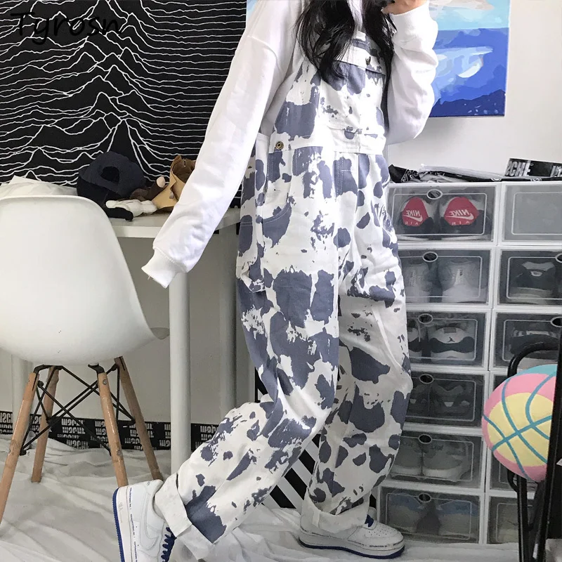 

Women Jumpsuits Tie Dye Designed Wide Leg Denim Overalls Fashionable Harajuku Streetwear Leisure Students Vintage Sweet Lovely