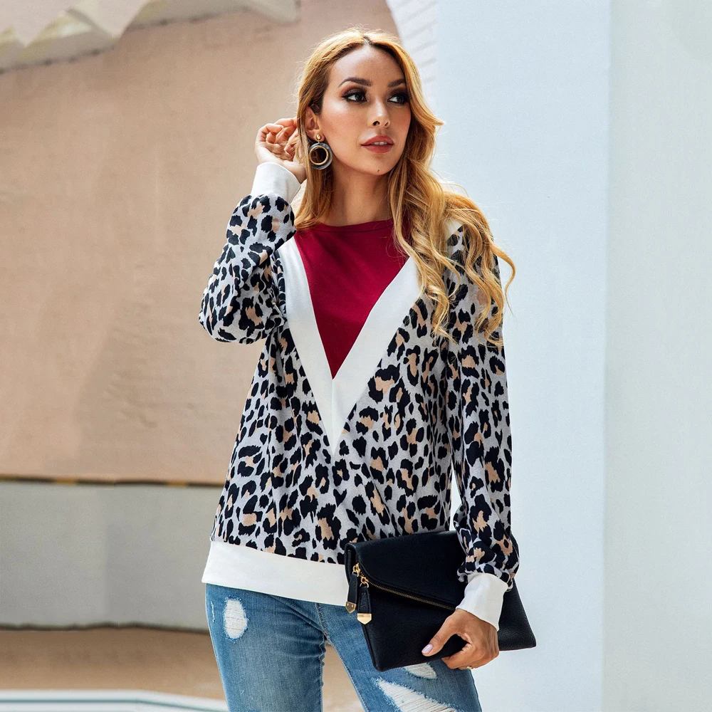 

FALL/WINTER 2020 New V-shaped Leopard Print O-neck Jersey Women's Long-sleeved Floral Hoodie Office Blouse