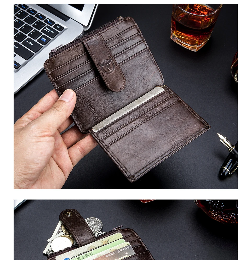 Casual Men Mini Wallet Coffee Genuine Leather Purse for Men Zipper Wallets Cow Leather Male Coin Bag Waterproof Men Short Wallet