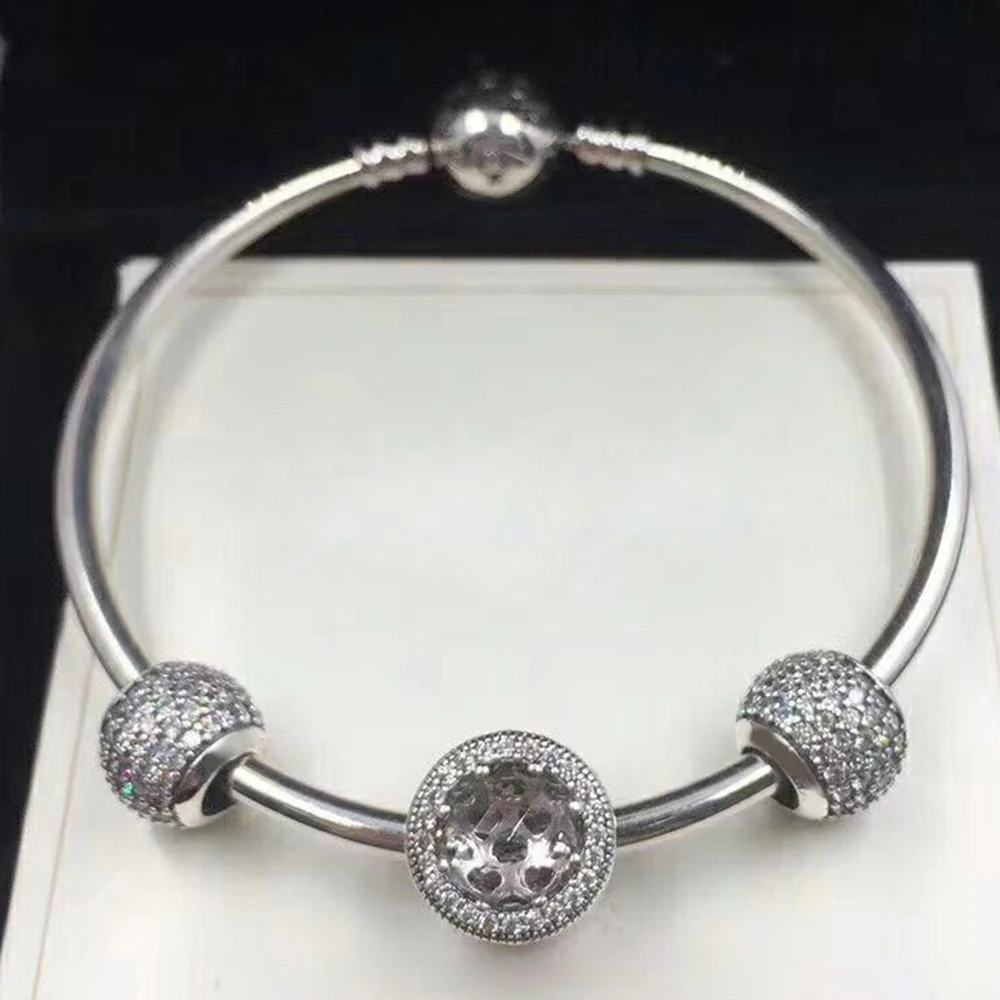 NEW 925 Sterling Silver 791051CZ PAVE BALL CHARM 791725CZ RADIANT HEARTS CHARM Bracelet Set Original Boutique Jewelry