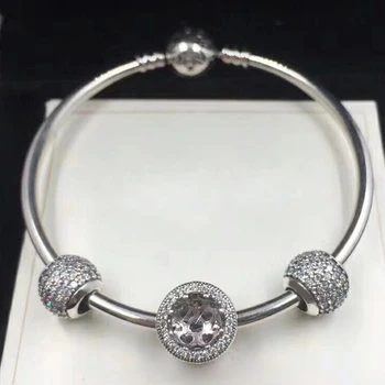 

NEW 100% 925 Sterling Silver 791051CZ PAVE BALL CHARM 791725CZ RADIANT HEARTS CHARM Bracelet Set Original Boutique Jewelry