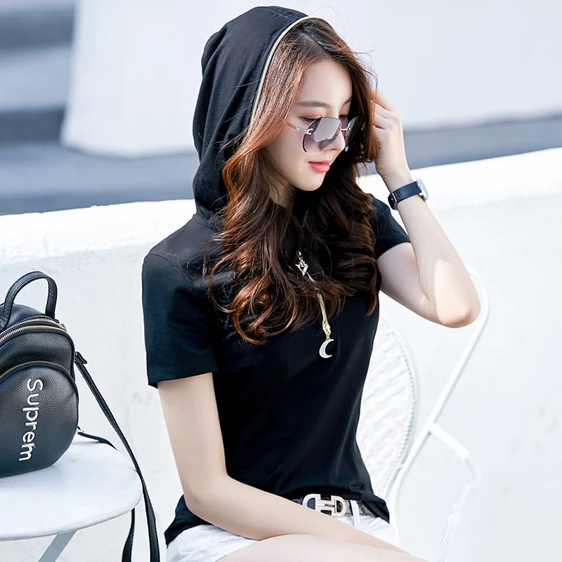 Summer New Short-sleeved Hooded Sweater Women's Zipper Solid Color