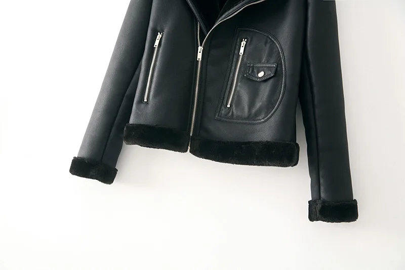 Толстая зимняя теплая куртка из искусственной кожи с меховым воротником, кожаная куртка с флисовой подкладкой, мотоциклетная куртка, женская черная куртка из искусственной кожи