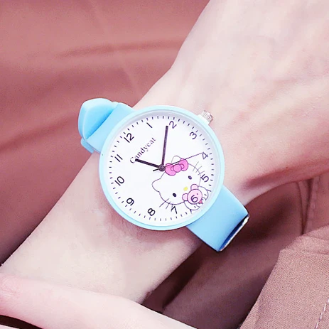 blue Корейские горячие продажи милые часы с рисунком hello kitty детские Студенческие Кварцевые часы с силиконовым ремешком детские часы желеобразного цвета - Цвет: blue