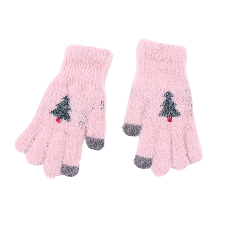 Рождественские Зимние перчатки, теплые одноцветные плюшевые толстые перчатки с сердечками, можно прикасаться к экрану