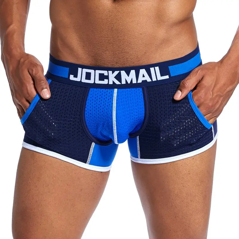 Jockсчmail, фирменное Мужское нижнее белье, боксеры, по бокам, сетчатые карманы, для геев, Cueca, боксеры, сексуальные, с полой сеткой, промежность, пенис, чашка, мужские трусы, шорты - Цвет: Тёмно-синий