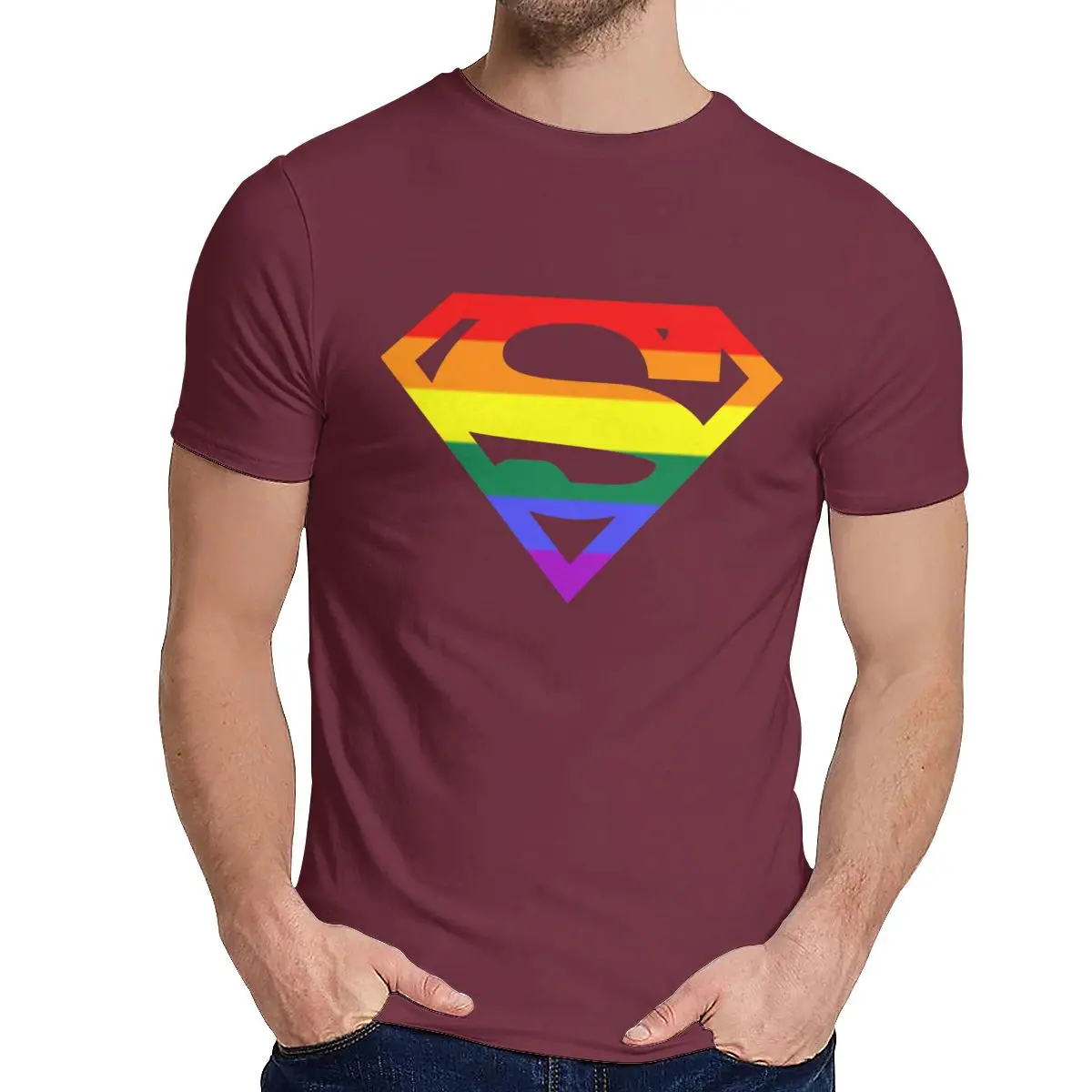 Мужская футболка супер квир Радуга, гей, LGBTQ LGBT хороший хлопок уникальный дизайн Crewneck ретро короткий рукав - Цвет: Бургундия