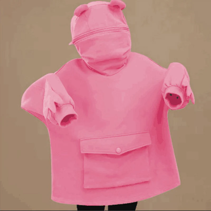 Осенне-зимняя толстовка с капюшоном в виде лягушки, с длинным рукавом, толстый флисовый мешковатый Топ, корейская мода, милая винтажная одежда, Женская толстовка