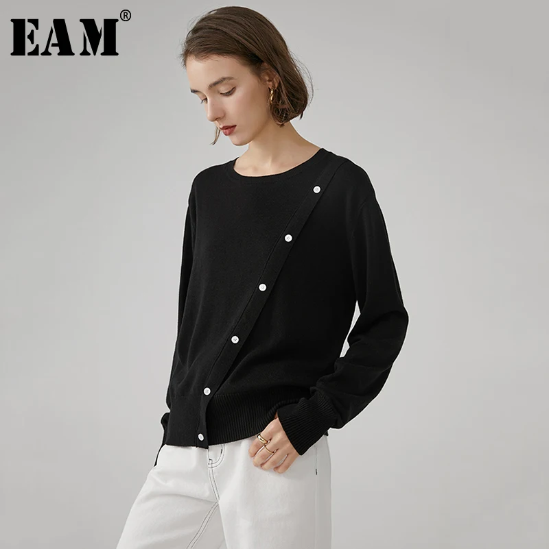 

[EAM] Button Causal Knitting Sweater Loose Fit Round Neck Long Sleeve Women New Fashion Tide All-match Autumn Winter 2019 1A682