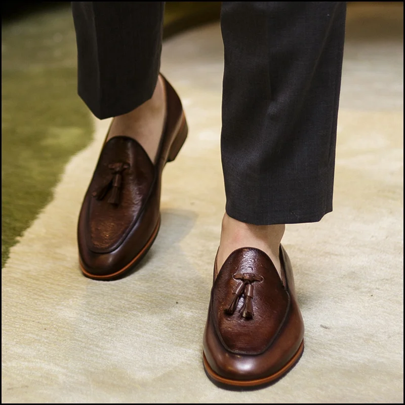 Luxury Round Toe Slip on Man Heels Comfortable Shoes Genuine Leather Ostrich Pattern Loafers Handmade Men's Tassels Flats NHS115