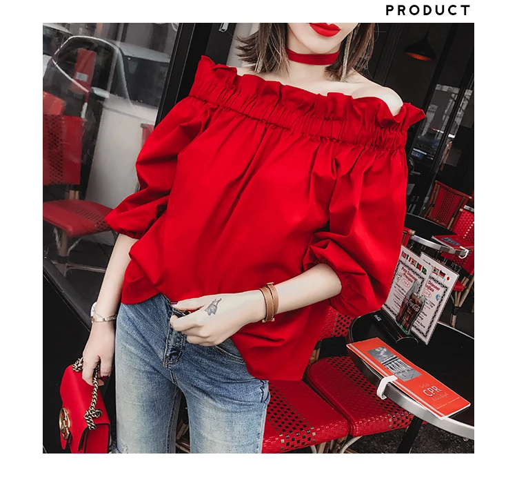 Off Shoulder Tops Women Summer  Fashion  Slash Neck Blouse Red Lantern Sleeve Loose Ruffle Blouses Womens Clothing white blouse