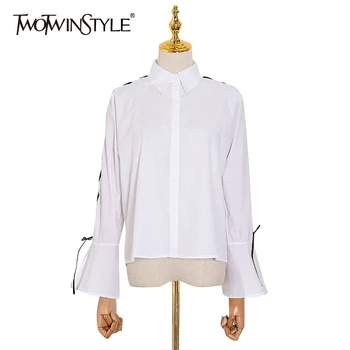 

TWOTWINSTYLE Casual Striped Women Shirt Lapel Collar Flare Long Sleeve Loose Hit Color Bandage Lace Up Bow Blouse Female Fashion