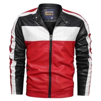 

KIOVNO Spring Men Leather Casual Jackets Stand Collar Pu Leather Baseball Jacket Coats For Male Patchwork
