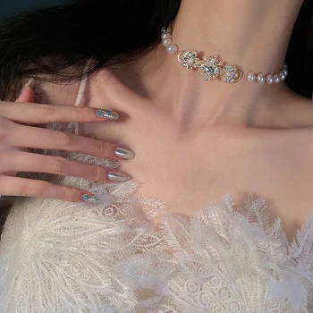

MENGJIQIAO Korean Elegant Luxury Pearl Beads Choker Necklace For Women Girls Fashion Flower Crystal ShortNecklace Party Jewelry