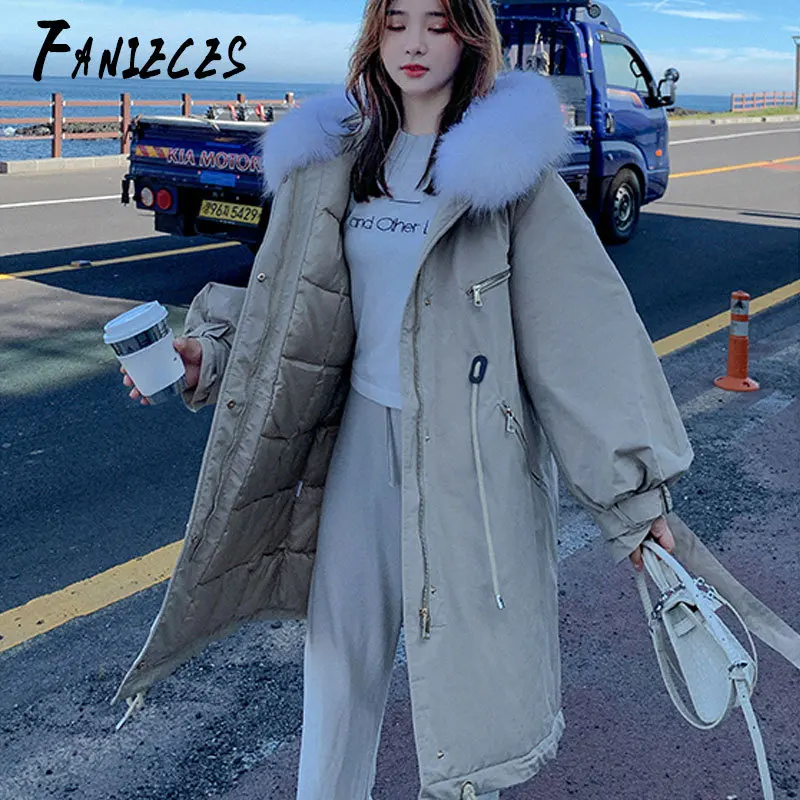 

oversize winter coat thickened parka women stitching slim long cotton zipper ladies adjustable wais parka down jacket 2019 Mujer