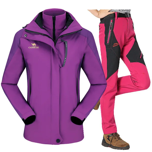 Лыжный костюм для женщин, уличные спортивные лыжные куртки, водонепроницаемая ветрозащитная куртка для сноуборда, штаны, зимние лыжные флисовые комплекты одежды - Цвет: Purple Rose red