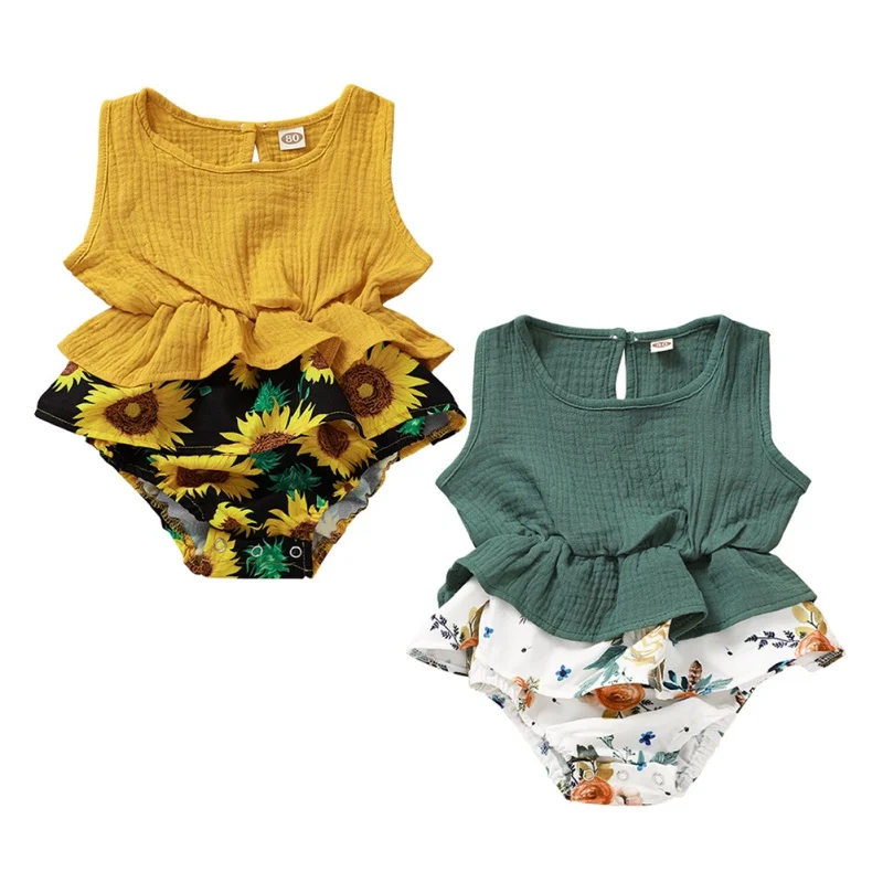

Kids Summer Baby Girls Rompers Sleeveless Clothes Sunflower Ruffle Jumpsuit a