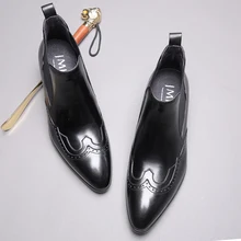 Mens Slip On Dress Boots Genuine Leather Business Shoes Ankle Fall Autumn 2019 Wedding Formal Short High Top Boot