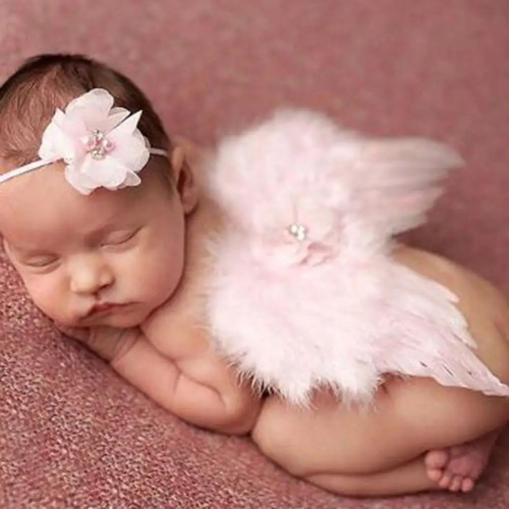 

Fashion Newborn Baby Kids Feather Lace Headband & Angel Wing Flowers Photo Props newborn photography props