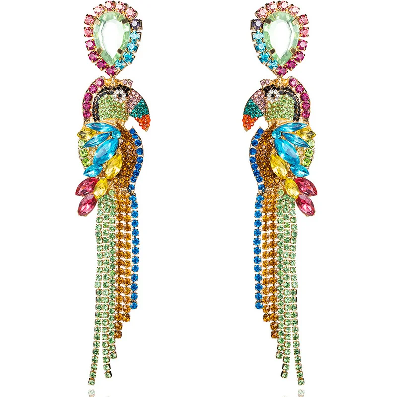 

Colorful Crystal Parrot Dangle Earrings Gold Tassel Long Earrings for Women Bohemian Jewelry