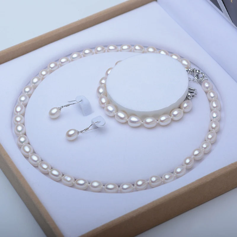 White Pearl Jewelry Set AAAA Natural Freshwater Pearl Necklace Bracelet 925 Sterling Silver Earrings For Women Fashion Gift