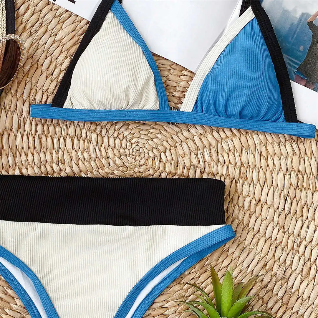 Ribbed Splicing High Waist Bikini 2020 Female Swimsuit Women Swimwear Two-pieces Bikini set Bather Bathing Suit Swim Lady V2441
