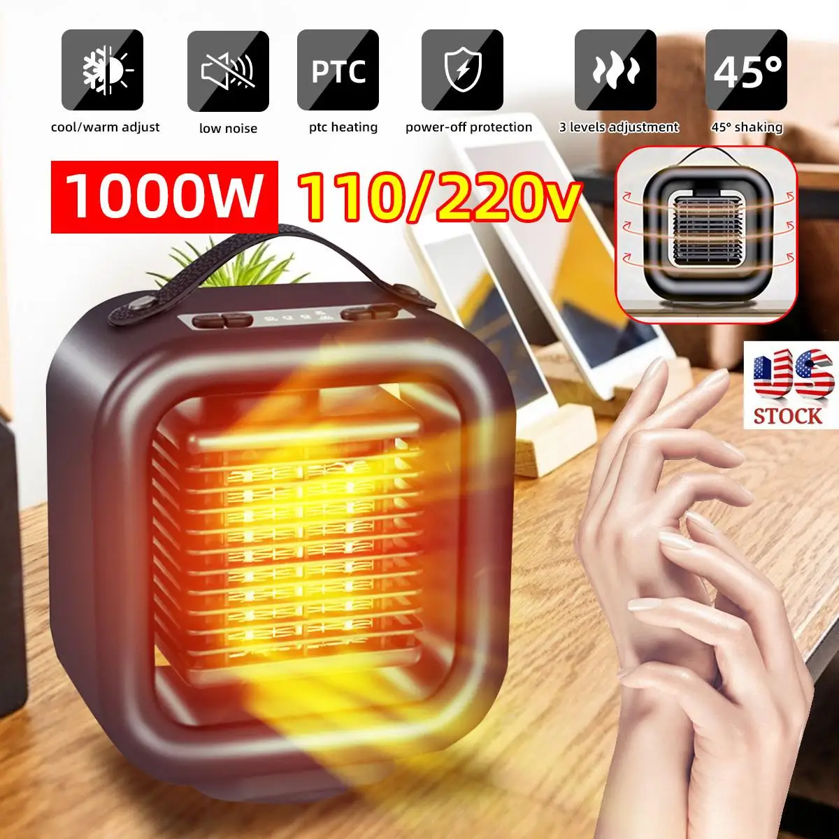 

1000W 3 Modes Fast Electric Heater Fan Mini Portable Heater Stove PTC Ceramic Warmer for Household Indoor Heating Camping US