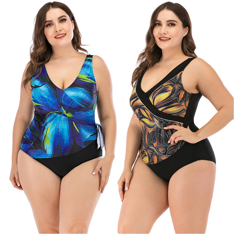 

2021 New Cross Chest Monokini Women Plus Size Swimwear Leaves Print Swimsuit L-4XL Girl Deep V One Piece Suit Backless Beachwear