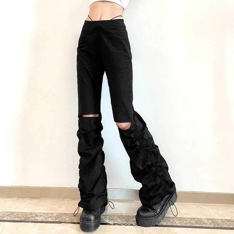 High Waist Y2K Hole Women's Pants Stacked Pleated Black Hot Girls Slim Trousers Women 2021 Summer Autumn Streetwear Pants Female 1