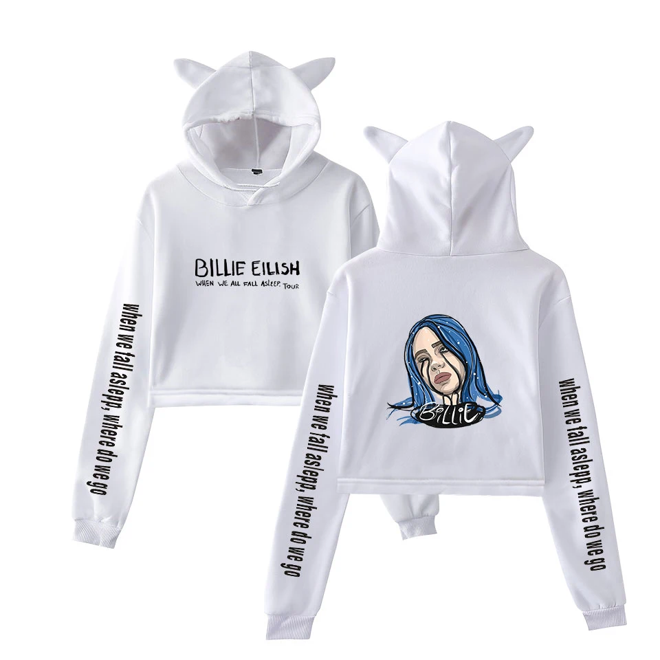 Толстовка в стиле хип-хоп Billie Eilish, женский милый топ, худи для девочек, Дамский модный пуловер, короткое худи с кошачьими ушами, толстовка