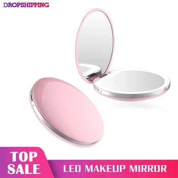 

LED Light Mini Makeup Mirror Compact Pocket Face Lip Cosmetic Mirror Travel Portable Lighting Mirror 3X Magnifying Foldable