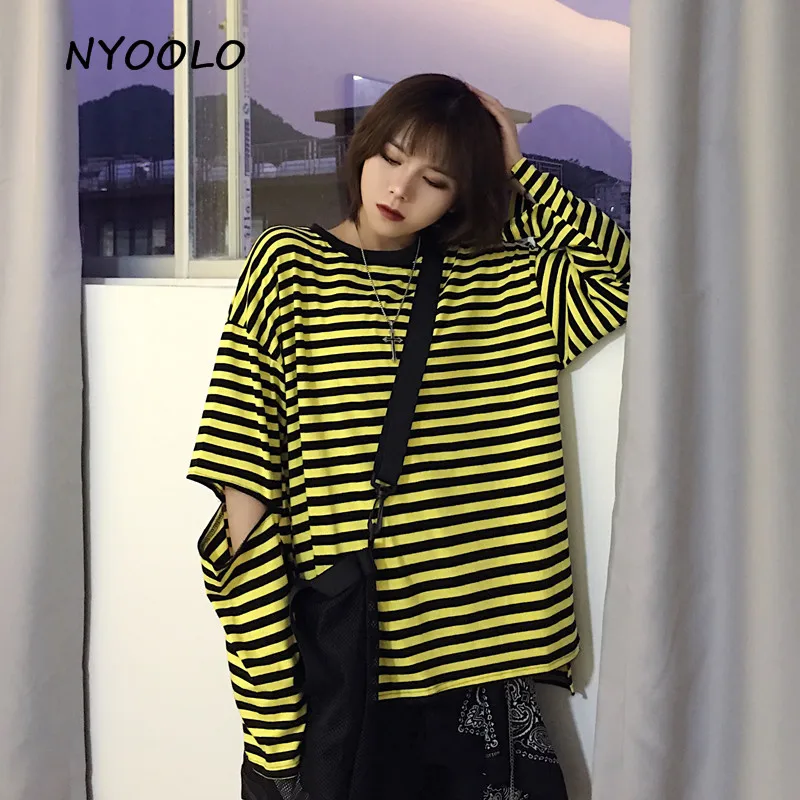 NYOOLO Harajuku стильная полосатая футболка с дырками Осенняя уличная свободная хлопковая футболка с длинными рукавами женская и мужская одежда Топ Футболка