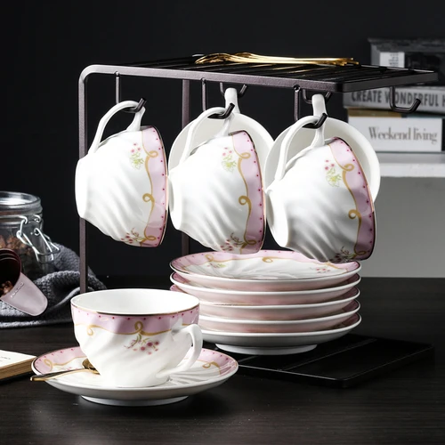 High Quality Bone China Tea Cup and Saucer Set Luxury Coffee Cup Vintage White Ceramic Coffee Cups Classic Nordic Kitchen D6D - Цвет: 6 cup saucer set