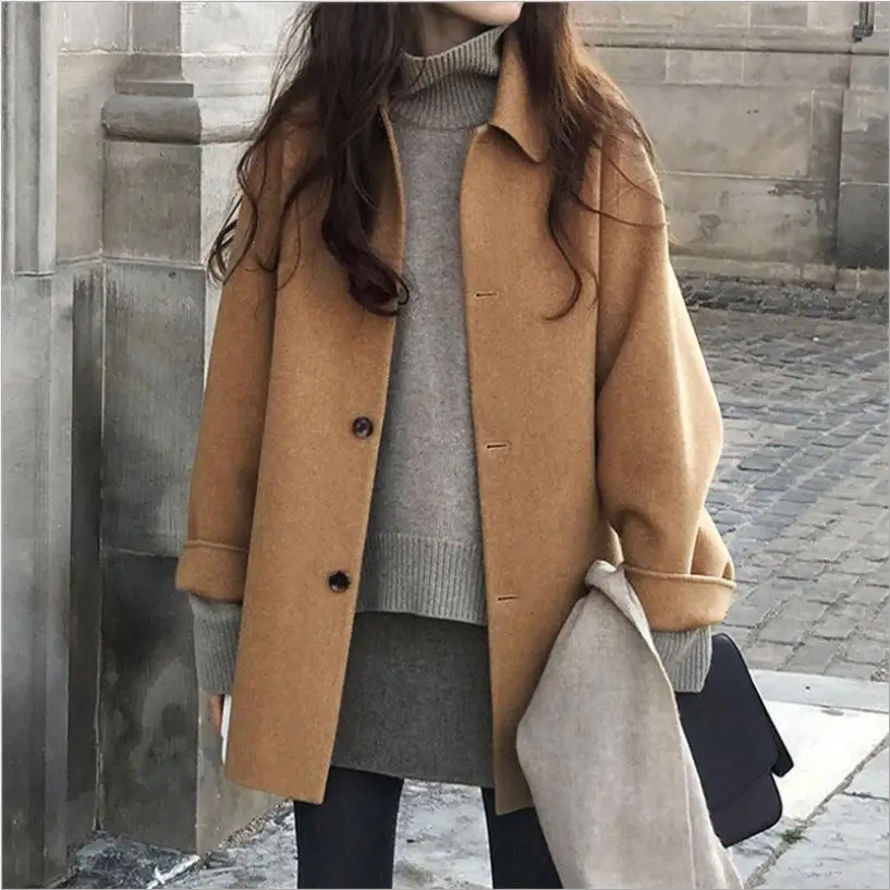 2021 Spring High End Handmade Short Popular Single Breasted Loose Casual Women 100% Wool Coat Woolen Jacket petite long puffer coat Coats & Jackets